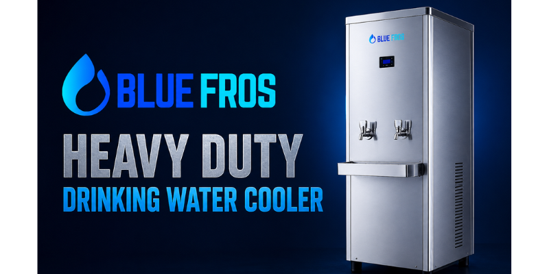Heavy Duty Drinking Water Cooler by BlueFros featuring SS304 stainless steel construction, dual water taps, and high-capacity cooling for industrial and commercial use.