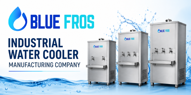 Blue Fros Industrial Water Cooler Manufacturing Company banner featuring stainless steel industrial water coolers with water splash background.