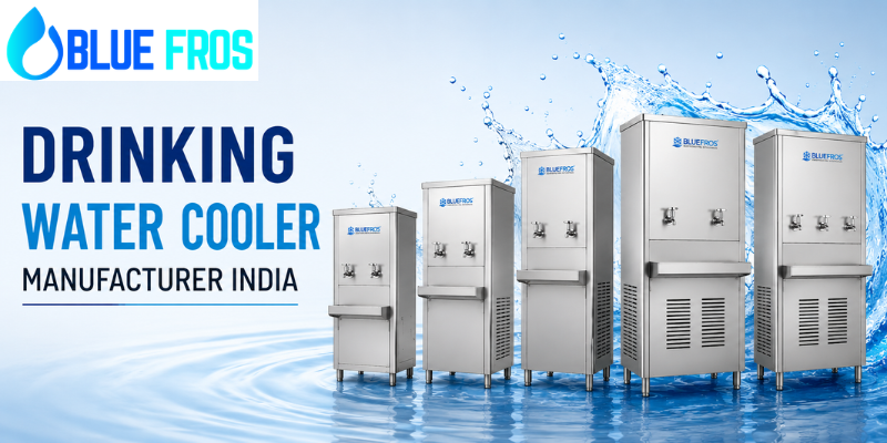 BlueFros Drinking Water Cooler Manufacturer India showcasing SS304 stainless steel commercial and industrial water coolersmanufacturer in India showcasing stainless steel commercial and industrial water cooler models.
