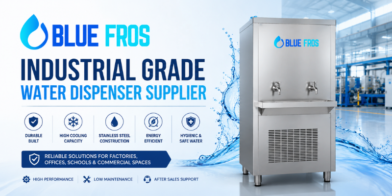 Industrial Grade Water Dispenser Supplier in India by BlueFros featuring a heavy-duty SS304 stainless steel water dispenser for factories, schools, offices, and commercial facilities.