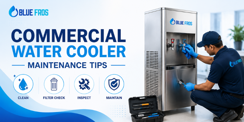 Commercial water cooler maintenance tips banner featuring a Blue Fros stainless steel water cooler for improved performance and hygiene.