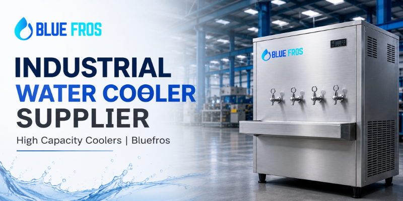Industrial Water Cooler Supplier by Bluefros featuring a high-capacity stainless steel water cooler in an industrial facility.