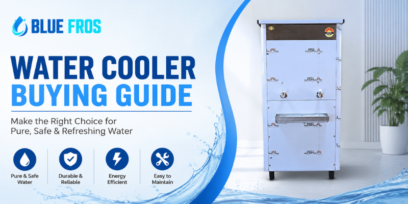 Water Cooler Buying Guide feature image by Blue Fros showcasing a stainless steel commercial water cooler with a clean blue background for office and industrial use.