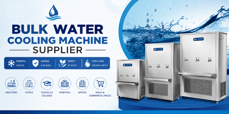 Bulk Water Cooling Machine Supplier by Bluefros featuring high-capacity stainless steel water cooling machines for commercial and industrial applications.